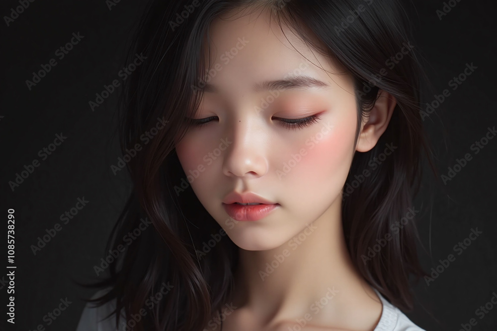 Young woman, smooth skin, closed eyes, dark hair, serene expression Young woman, smooth skin, closed eyes, dark hair, serene expression