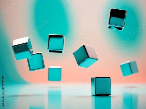 Abstract turquoise background with metallic cubes falling and reflecting on the same colored surface. photo