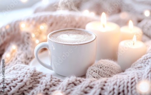Wallpaper Mural Cozy Coffee Setting. Soft Candles and Warm Knit Blanket for Comfort. Winter still life. White ceramic cup, candlelight. Hot beverage on window sill. Christmas home. Woolen knitted sweater, burn candle Torontodigital.ca