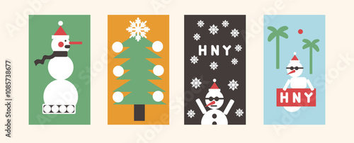 Set of vertical Christmas and New Year templates in shape style in vector. Elements for poster postcards stickers design