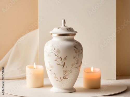 Floral cremation urn with candles on soft beige background. photo