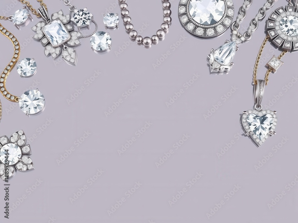 Shiny collection of jewels on a sleek grey surface, elegance, glamour, reflection Shiny collection of jewels on a sleek grey surface, elegance, glamour, reflection