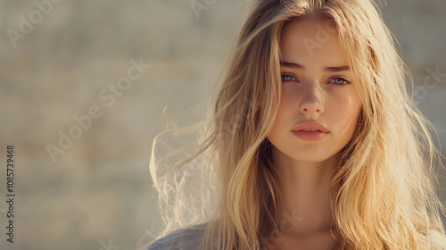 Portrait of woman with long blonde hair, soft expression, natural light