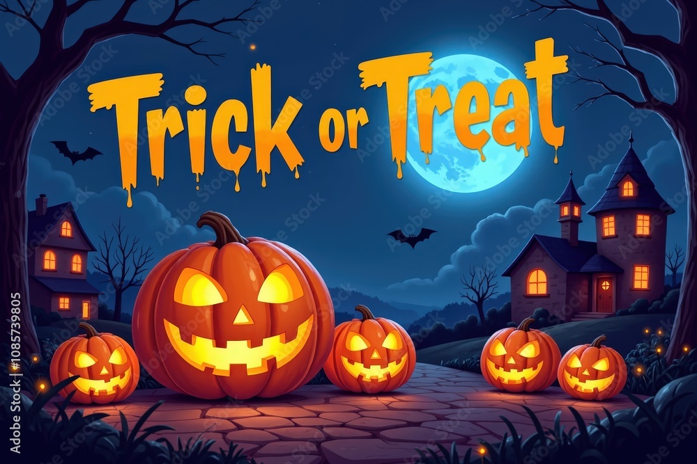 Halloween night scene with glowing pumpkins and full moon in spooky village. Halloween night scene with glowing pumpkins and full moon in spooky village.