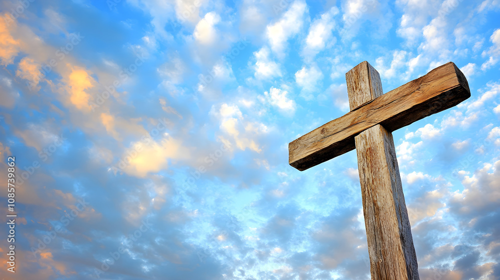 wooden cross stands against beautiful cloudy sky, evoking peace wooden cross stands against beautiful cloudy sky, evoking peace