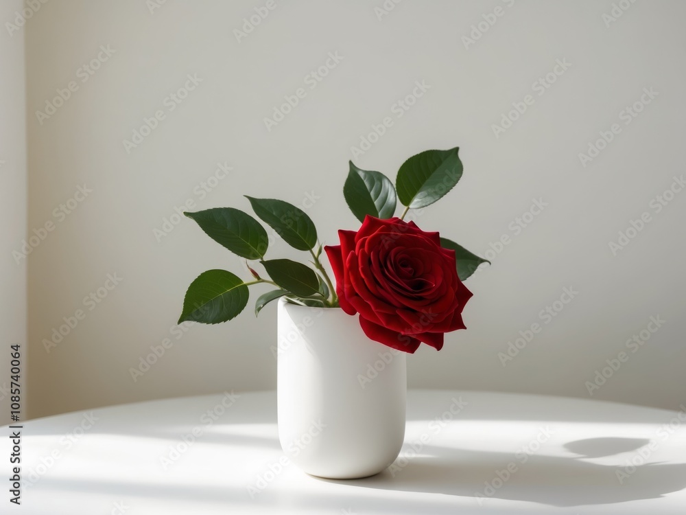 Fototapeta premium A single red flower surrounded by green leaves in a decorative vase.