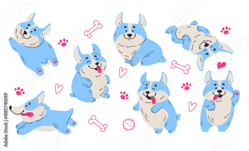 Welsh corgi dog cute puppy pet sticker line art concept set. Vector graphic design illustration element