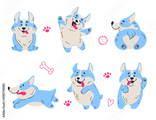 Welsh corgi dog cute puppy pet sticker line art concept set. Vector graphic design illustration element