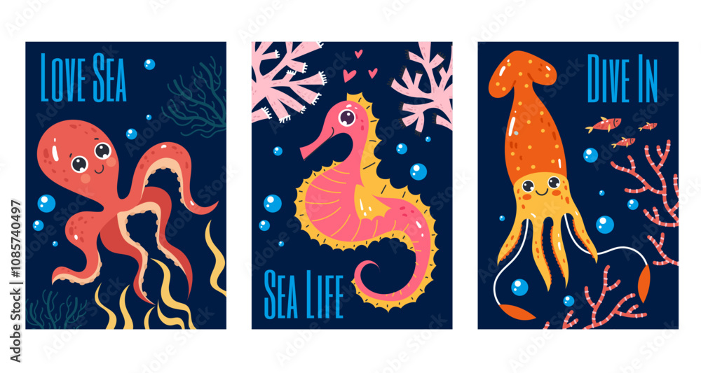 Fototapeta premium Sea animal ocean cute under water flyers isolated set concept. Vector graphic design illustration