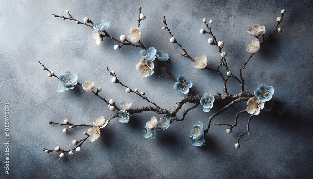 Beautiful branch with blue blossoms and textured grey background in a Japanese-inspired minimalist arrangement, enhancing tranquility in interior decor. Generative AI. Beautiful branch with blue blossoms and textured grey background in a Japanese-inspired minimalist arrangement, enhancing tranquility in interior decor. Generative AI.