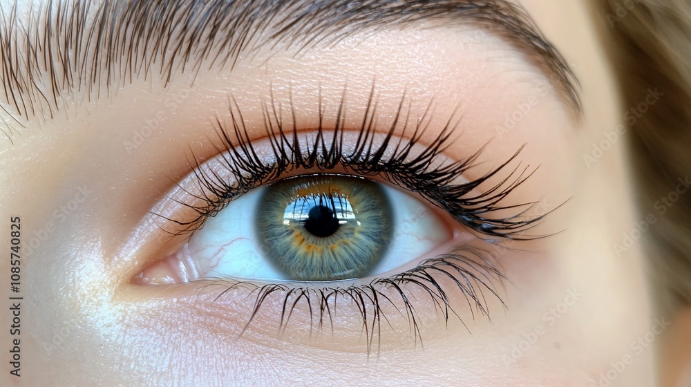 Obraz premium Close-up of a woman's eye with long eyelashes.