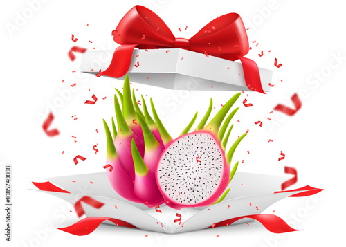 Exotic dragon fruit in open gift box with a red bow isolated on transparent background. Fresh ripe Pitaya with white flesh and seeds. Summer tropical vitamin food. Realistic 3d vector illustration