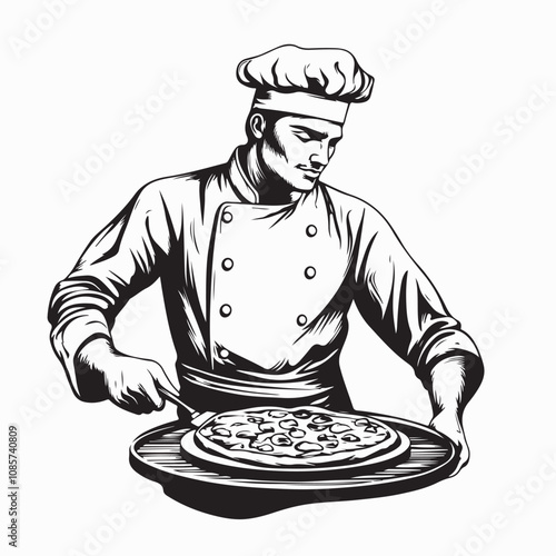 Male chef elegantly serves delicious finished pizza. Appetizing fast food in a restaurant image vector