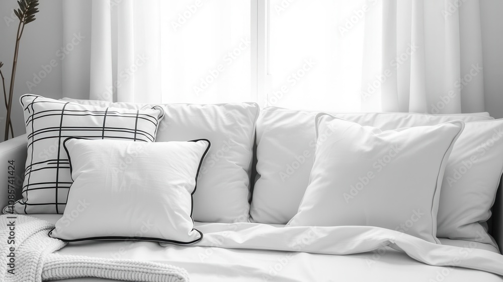 Obraz premium Various grey cushions arranged neatly on a grey background, comfort, monochrome, decorative pillows