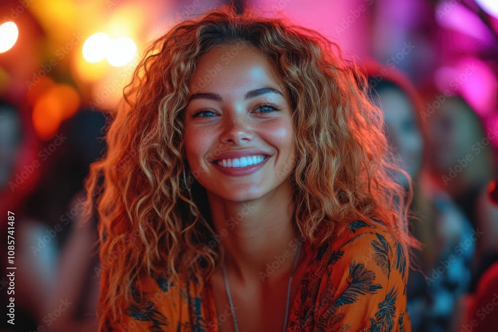 A cheerful young woman with curly hair smiles brightly during a lively gathering at night, surrounded by colorful lights and festive atmosphere A cheerful young woman with curly hair smiles brightly during a lively gathering at night, surrounded by colorful lights and festive atmosphere