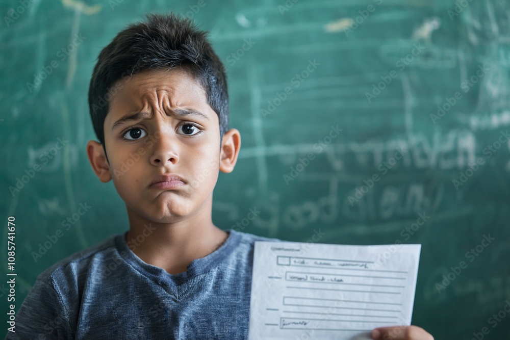 A Young Student's Concern: Holding a Paper in Front of a Classroom Chalkboard A Young Student's Concern: Holding a Paper in Front of a Classroom Chalkboard