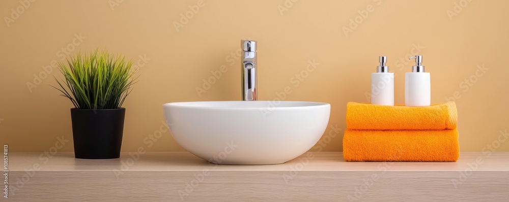 Fototapeta premium luxury bathroom concept. Close-up of a sparkling sink area with a single plant, clean towels, and neatly arranged toiletries, Sink with clean towels and arranged toiletries, Simple and elegant