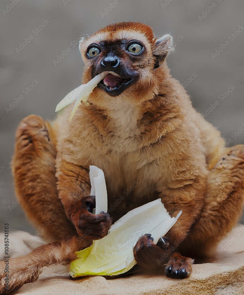 The brown lemur makes big eyes when it eats