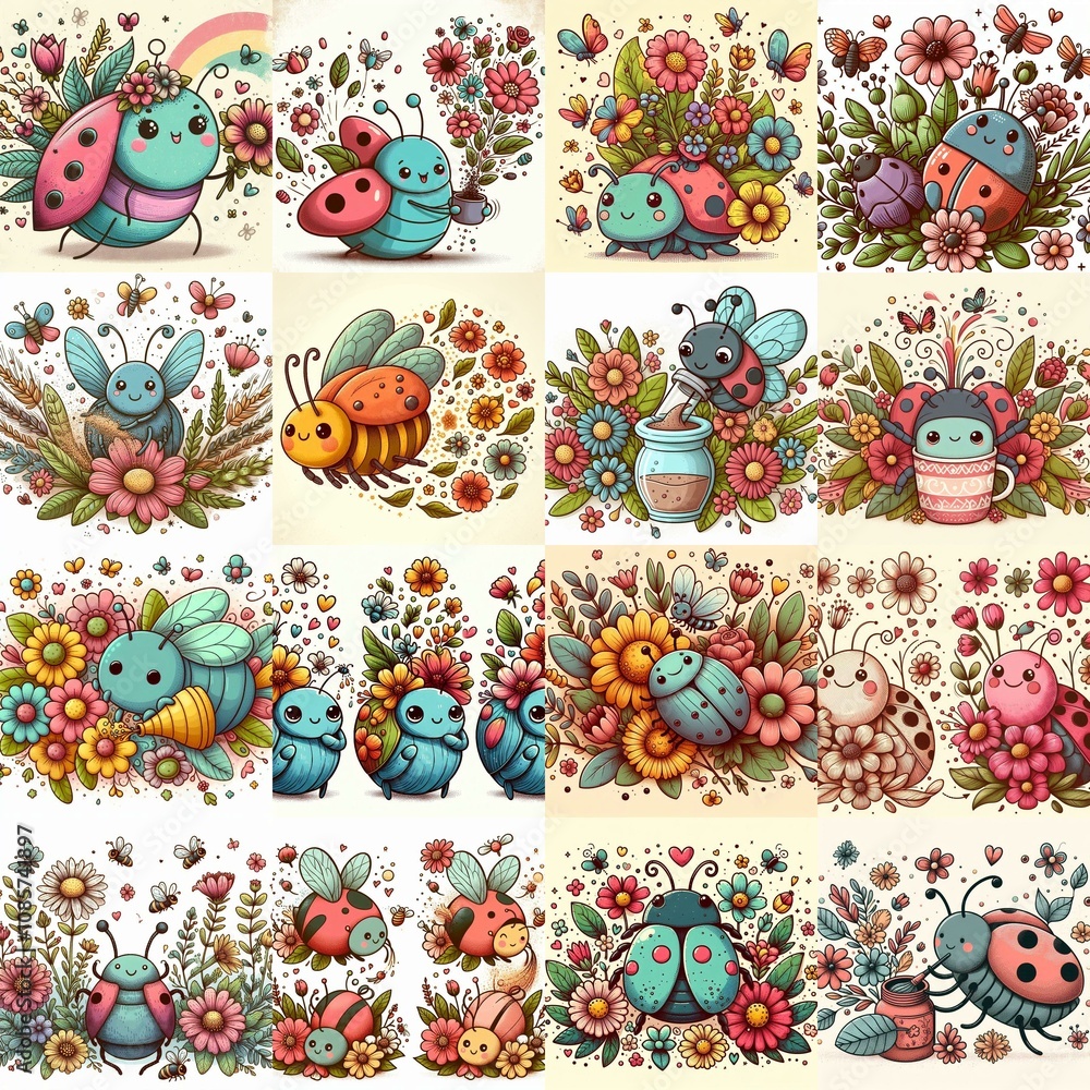 Fototapeta premium Cartoon bugs and flowers. AI generated illustration