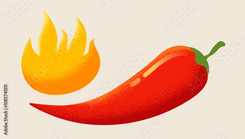 Vector chilli pepper in retro style. Vector vintage emblem with red chili pepper with flame. Chilli with fire in retro style.
