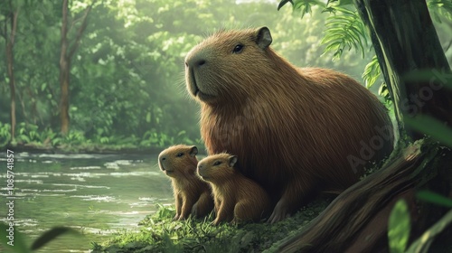 A Tranquil Scene of a Capybara Mother Relaxing by the Water with Two Adorable Baby Capybaras Surrounded by Lush Greenery in a Serene Natural Habitat photo