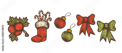 Vintage Christmas icons of winter holiday elements. Retro clip art for Christmas or New Year. Retro Christmas stocking, cone, balls and bow.