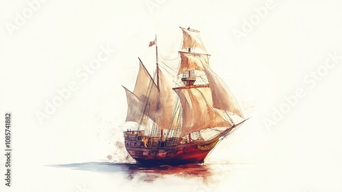 Watercolor painting of a historic sailing ship.