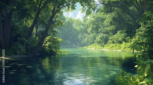 Lush Green Forest Surrounding a Serene River with Crystal Clear Water and Soft Sunlight Filtering Through Vibrant Foliage in a Peaceful Natural Setting