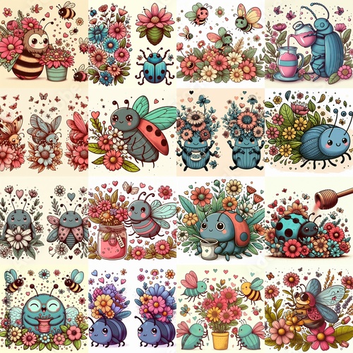 Cartoon bugs and flowers. AI generated illustration photo