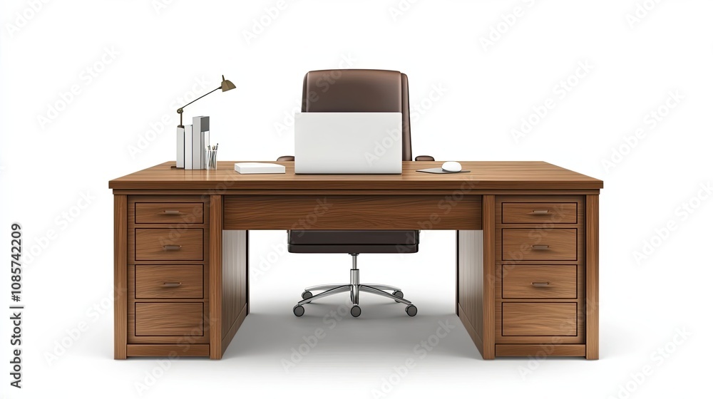 Wooden Desk with Laptop, Chair, and Accessories Wooden Desk with Laptop, Chair, and Accessories