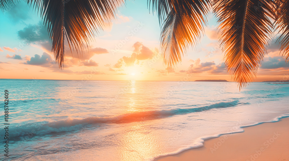 serene tropical beach scene with palm trees at sunset, evoking tranquility serene tropical beach scene with palm trees at sunset, evoking tranquility