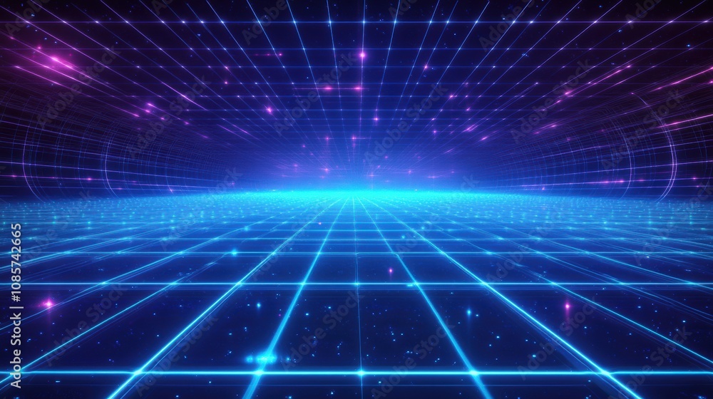 Futuristic Digital Landscape with Neon Grid and Cosmic Stars Creating a Hypnotic Depth Effect for Technology and Sci-Fi Concepts Futuristic Digital Landscape with Neon Grid and Cosmic Stars Creating a Hypnotic Depth Effect for Technology and Sci-Fi Concepts