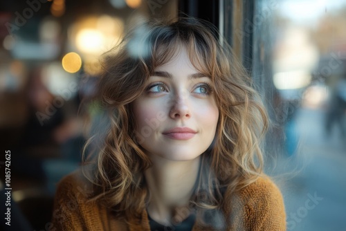 Young woman with curly hair gazes thoughtfully out of a cafe window during a sunny day, enjoying a moment of reflection in the bustling city