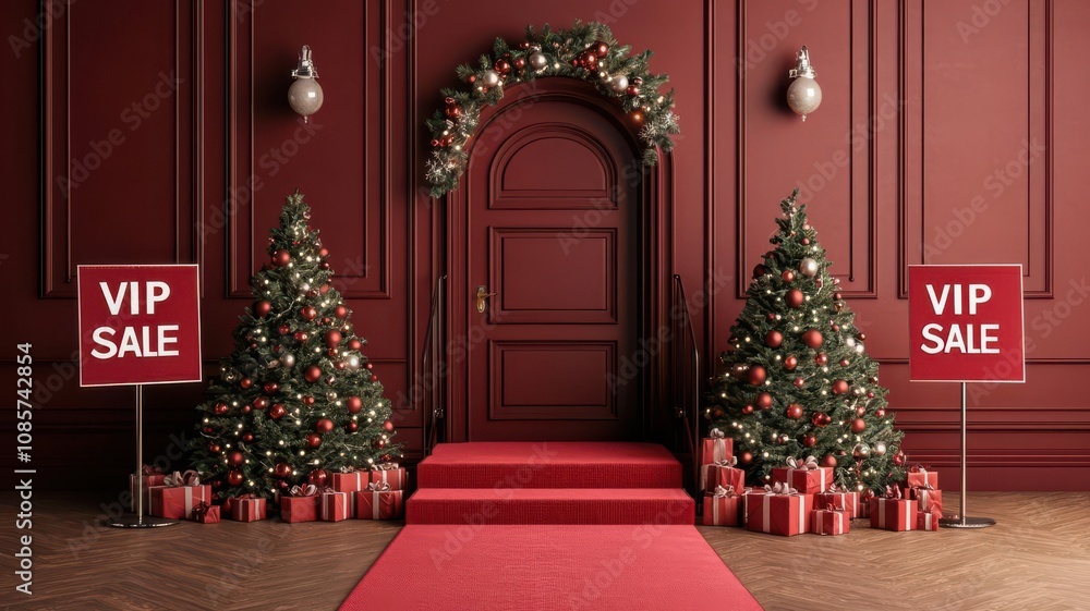 christmas sale concept. Private shopping event with Christmas decor, a red carpet entrance, and christmas sale concept. Private shopping event with Christmas decor, a red carpet entrance, and