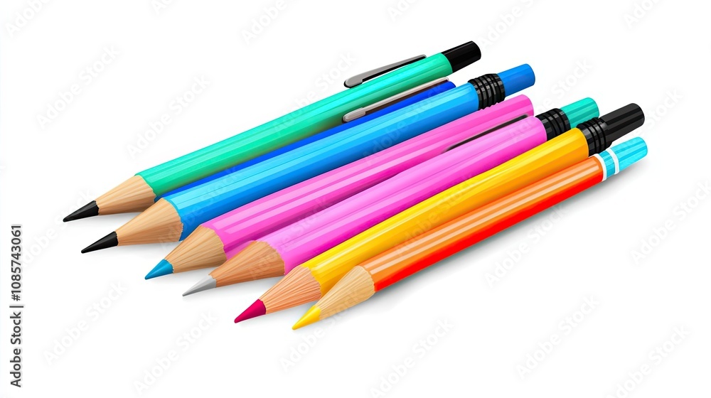 Fototapeta premium Six Colorful Pencils and Pens Laying in a Row