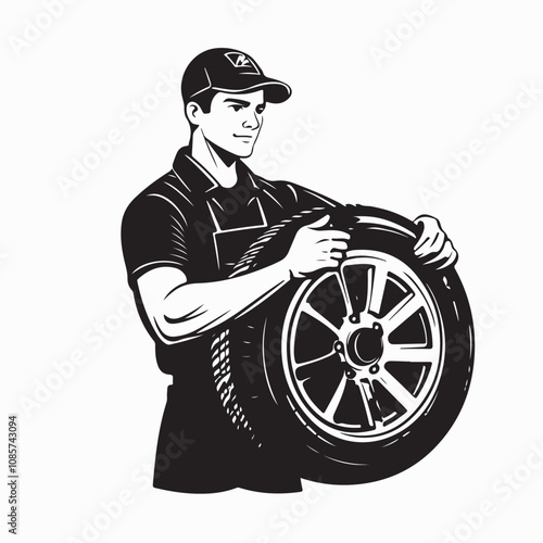 Mechanic holding a tire tire at the repair garage image vector isolated on white background.