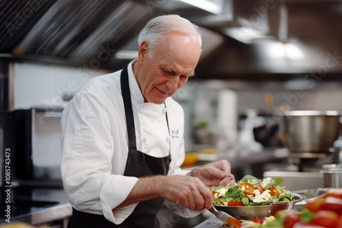 Chef preparing a fresh salad in a modern restaurant kitchen during a busy lunch service in the afternoon