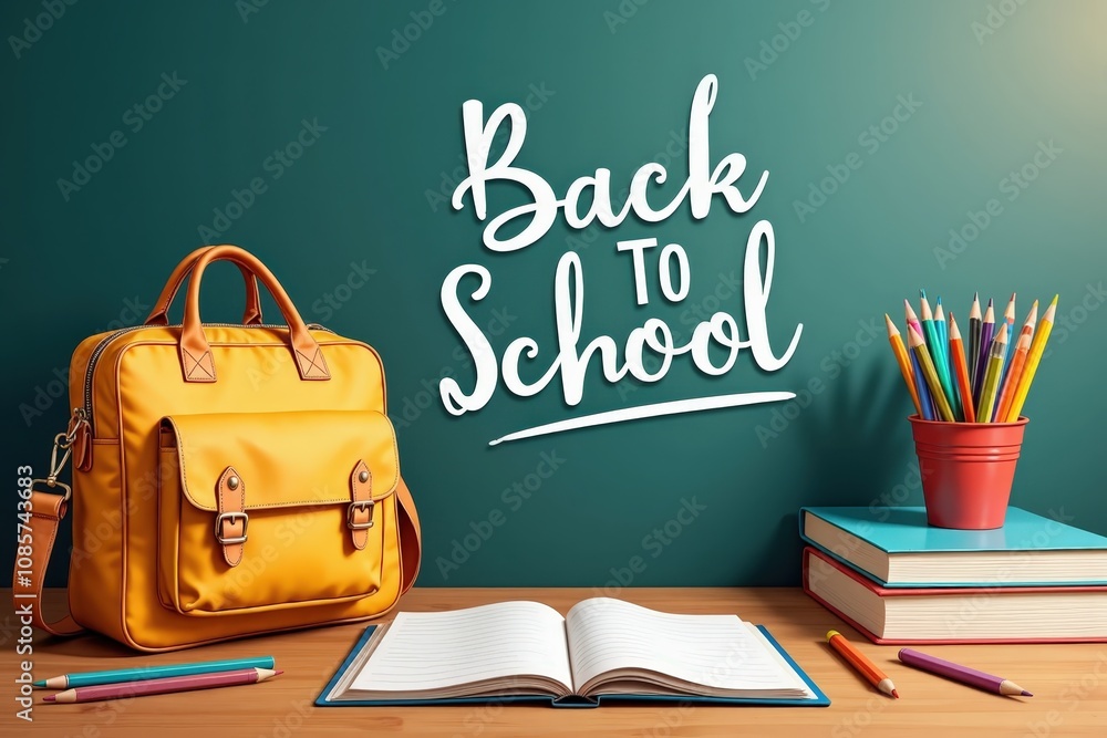 Back to school essentials: stylish backpack and colorful supplies in classroom setting. Back to school essentials: stylish backpack and colorful supplies in classroom setting.