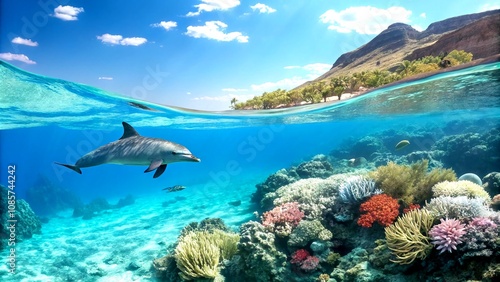 Majestic Dolphin Swimming in Crystal Clear Ocean Waters with Vibrant Coral Reefs Under Bright Sunshine, Capturing the Beauty of Marine Life in a Stunning Landscape Photography Scene