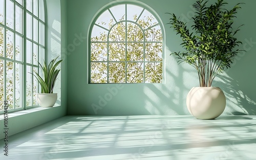 A serene indoor space featuring large windows with leafy greenery outside, accented by potted plants in soft light, creating a tranquil and refreshing atmosphere.