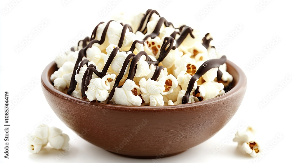 Gourmet popcorn with chocolate drizzle in a small bowl, with individual kernels visible on a clean white background. Gourmet popcorn with chocolate drizzle in a small bowl, with individual kernels visible on a clean white background.