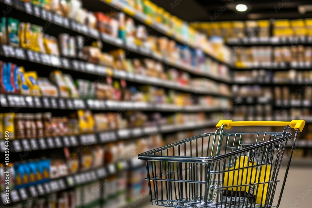 Empty shopping cart in supermarket aisle. Shopping trolley. Shopping mall. Supermarket cart on abstract blur fresh groceries on shelves. Grocery store defocused bokeh light background. Wholesale store Empty shopping cart in supermarket aisle. Shopping trolley. Shopping mall. Supermarket cart on abstract blur fresh groceries on shelves. Grocery store defocused bokeh light background. Wholesale store