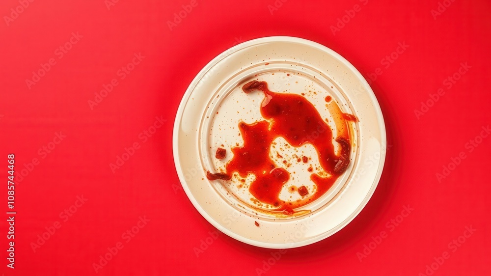 Vibrant red backdrop with an empty plate symbolizing hunger, hunger pains, starve, design