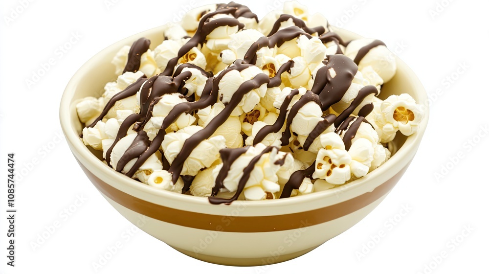 Gourmet popcorn with chocolate drizzle in a small bowl, with individual kernels visible on a clean white background. Gourmet popcorn with chocolate drizzle in a small bowl, with individual kernels visible on a clean white background.