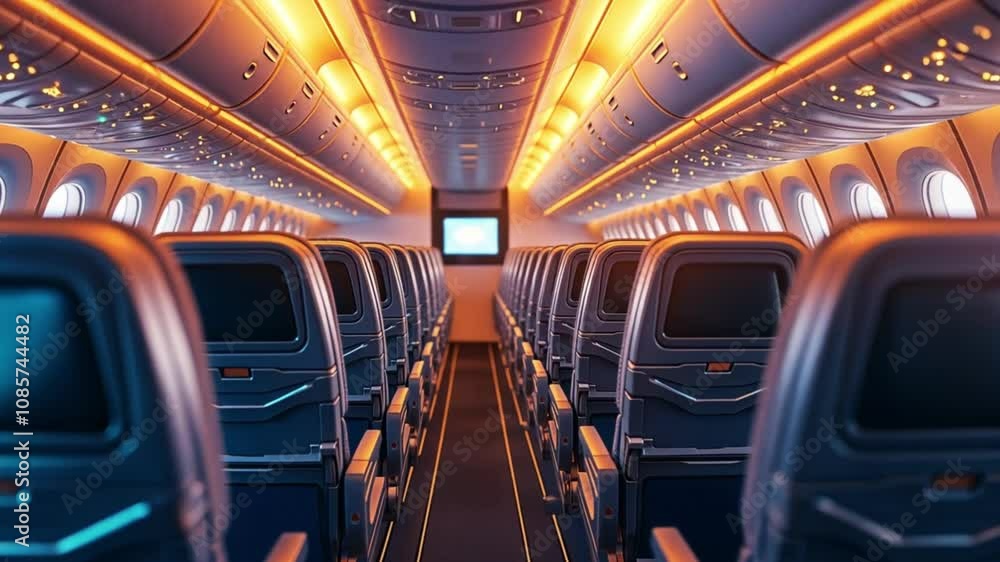 Empty airplane seats with warm overhead lighting and a view down the aisle. Empty airplane seats with warm overhead lighting and a view down the aisle.