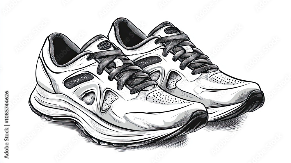 A Pair of White Sneakers With Black Laces in a Hand-Drawn Style A Pair of White Sneakers With Black Laces in a Hand-Drawn Style