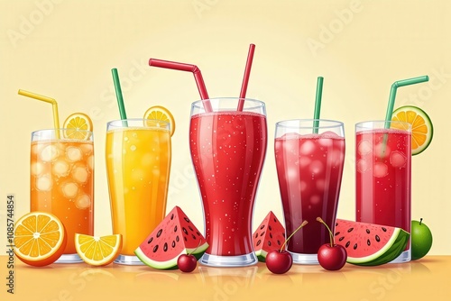 Colorful assorted fruit juices with slices of orange, watermelon, and cherries in glasses with straws.