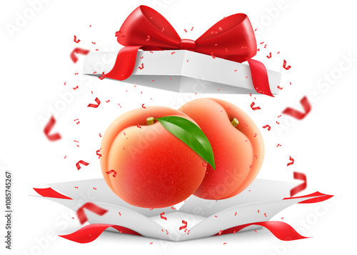 Ripe juicy peach in open gift box with a red bow isolated on transparent background. Delicious sweet fruit. Realistic 3d vector illustration. Summer design. Concept of healthy food, vegetarian dieting