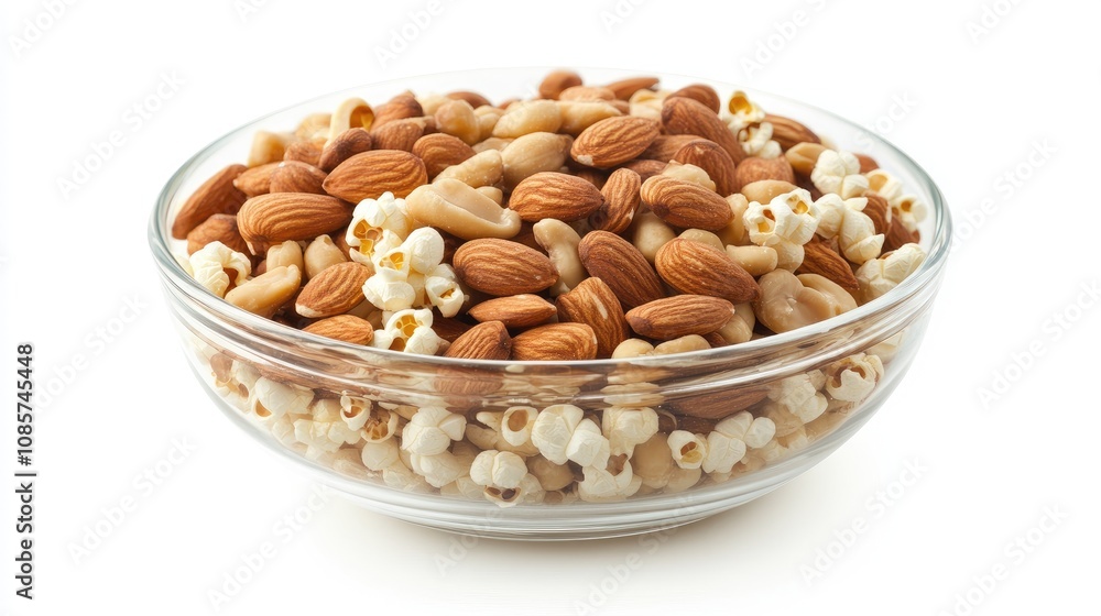 Popcorn mixed with nuts in a clear bowl, standing out against a white background for a savory and sweet snack option. Popcorn mixed with nuts in a clear bowl, standing out against a white background for a savory and sweet snack option.