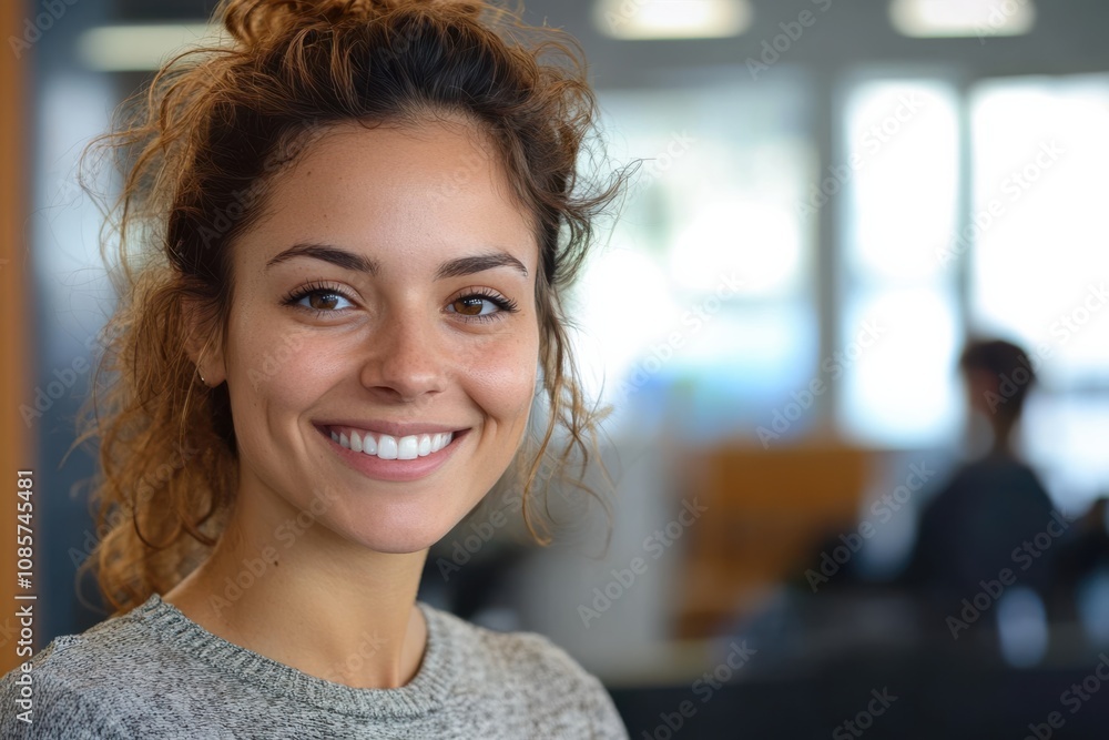 Young woman with curly hair smiling brightly in a modern indoor setting during the daytime, showcasing a warm and inviting atmosphere Young woman with curly hair smiling brightly in a modern indoor setting during the daytime, showcasing a warm and inviting atmosphere